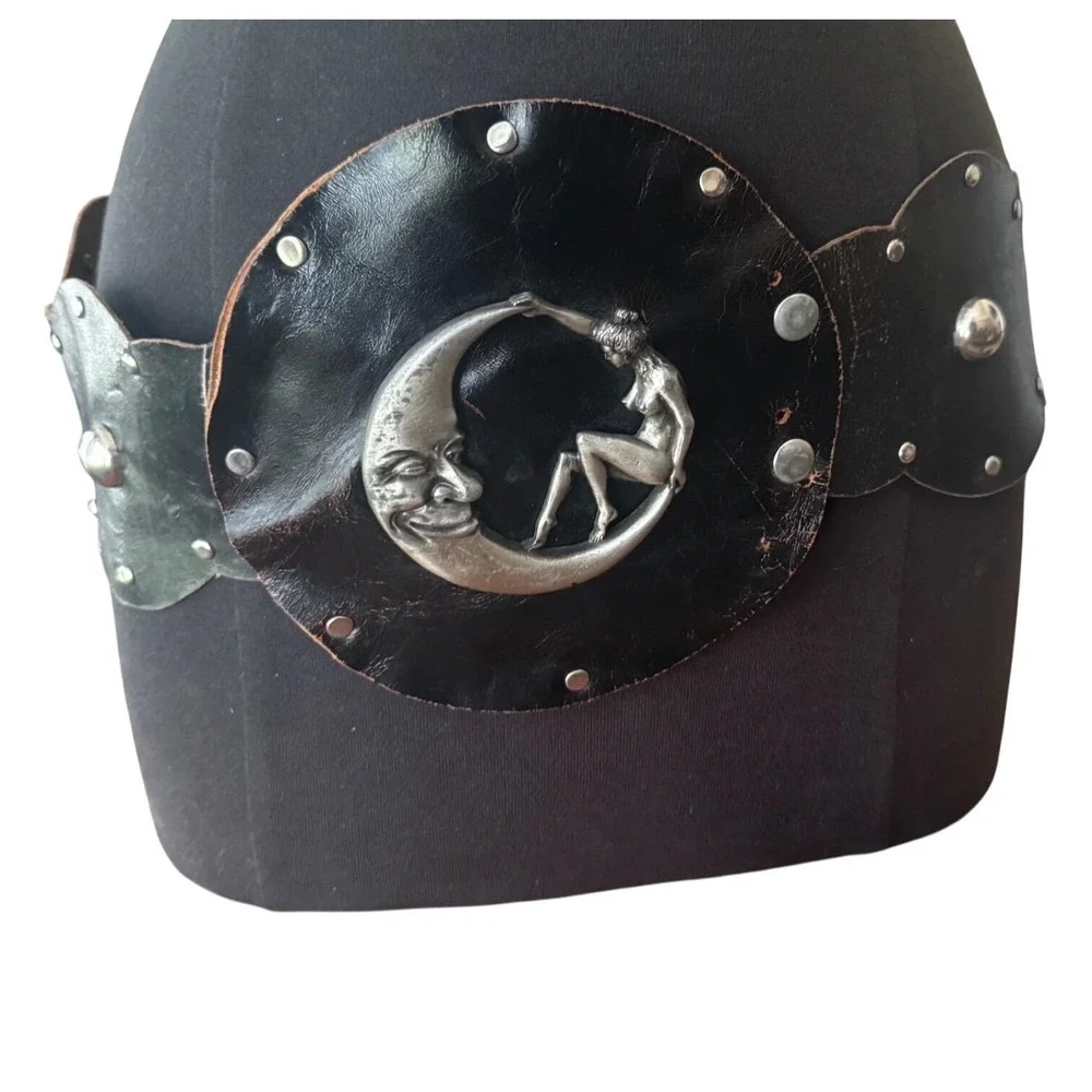 Vintage Handmade Black Leather‎ Celestial Moon Nude Lady Studded Wide Waist Belt
